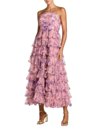 Mac Duggal Women's Floral Ruffled Strapless A-Line Midi-Dress - Orchid Multi - Size 12 | Thumbnail 1 Mac Duggal Women's Floral Ruffled Strapless A-Line Midi-Dress - Orchid Multi - Size 12 | Thumbnail 1