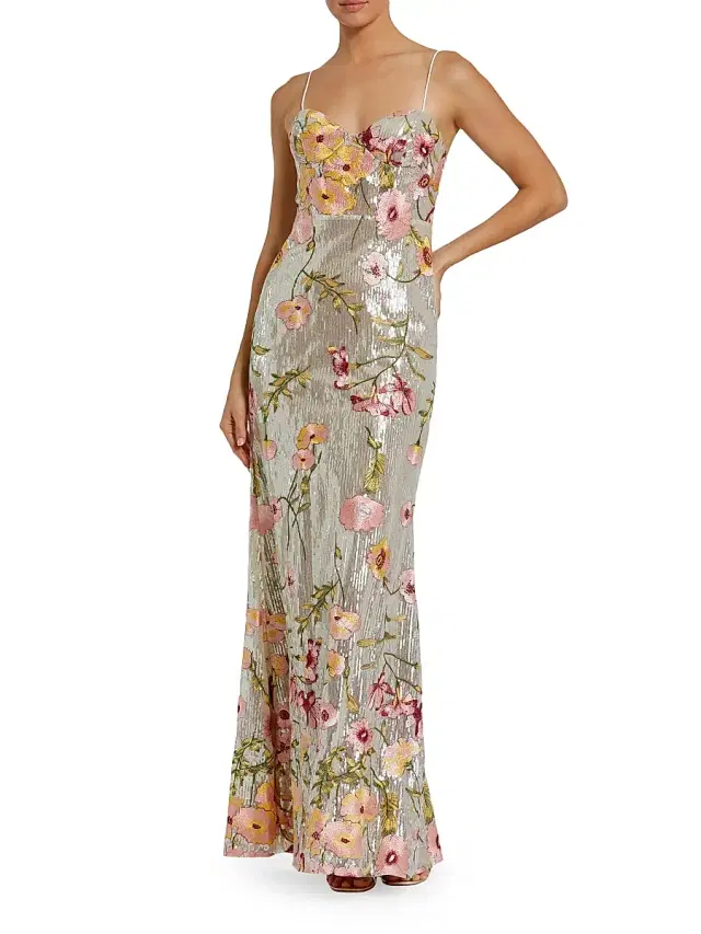 Women's Bustier Floral Appliqué Gown - Silver Multi