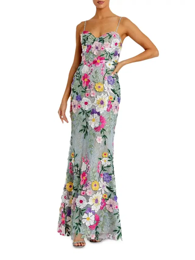 Mac Duggal Women's Prom Floral Embroidered Bustier Gown - Sage Multi