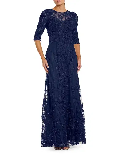 Mac Duggal Women's Embellished Appliquéd Lace Gown - Navy - Size 24 | Thumbnail 1 Mac Duggal Women's Embellished Appliquéd Lace Gown - Navy - Size 24 | Thumbnail 1