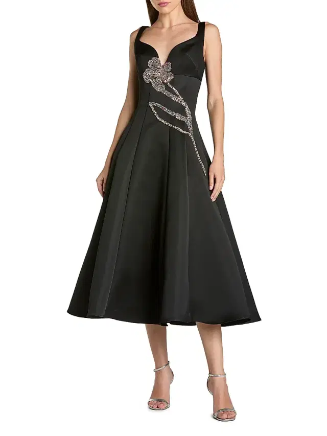 Women's Embellished Floral Satin Midi-Dress - Black Gold
