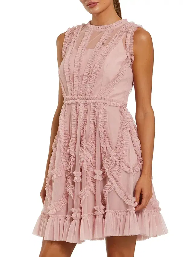 Mac Duggal Women's Mesh Dotted Micro Ruffled Minidress - Rose