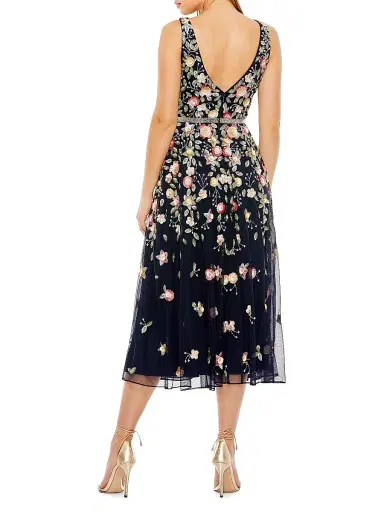 Mac Duggal Women's Cocktail Floral Embroidered V-Neck Midi-Dress - Midnight Multi - Size 8 | Thumbnail 3 Mac Duggal Women's Cocktail Floral Embroidered V-Neck Midi-Dress - Midnight Multi - Size 8 | Thumbnail 3