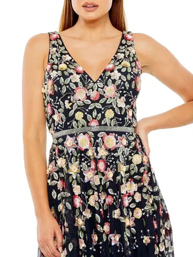 Mac Duggal Women's Cocktail Floral Embroidered V-Neck Midi-Dress - Midnight Multi - Size 8 | Thumbnail 4 Mac Duggal Women's Cocktail Floral Embroidered V-Neck Midi-Dress - Midnight Multi - Size 8 | Thumbnail 4