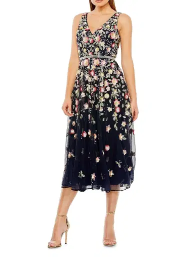 Mac Duggal Women's Cocktail Floral Embroidered V-Neck Midi-Dress - Midnight Multi - Size 8 | Thumbnail 1 Mac Duggal Women's Cocktail Floral Embroidered V-Neck Midi-Dress - Midnight Multi - Size 8 | Thumbnail 1