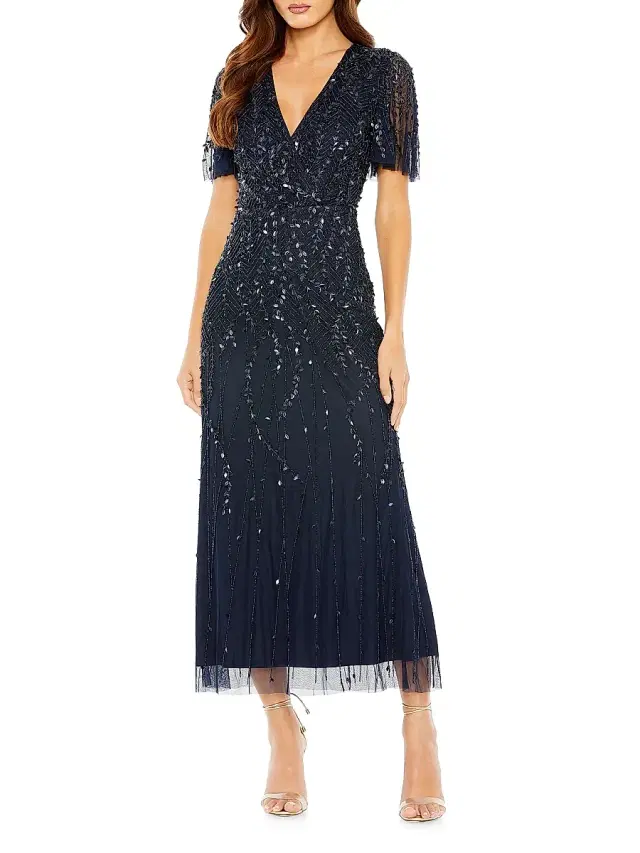 Mac Duggal Women's Beaded Sheath Short-Sleeve Midi-Dress - Midnight