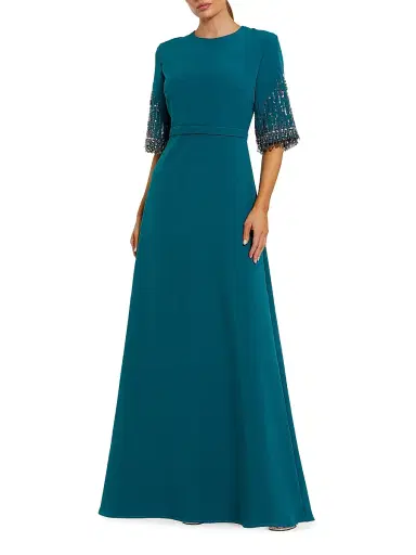 Mac Duggal Women's Crêpe Beaded-Sleeve A-Line Gown - Ocean - Size 20 | Thumbnail 1 Mac Duggal Women's Crêpe Beaded-Sleeve A-Line Gown - Ocean - Size 20 | Thumbnail 1