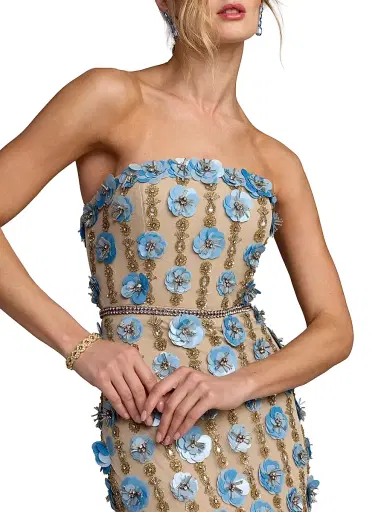 Mac Duggal Women's 3D Floral-Embellished Strapless Maxi Dress - Beige Blue - Size 0 | Thumbnail 3