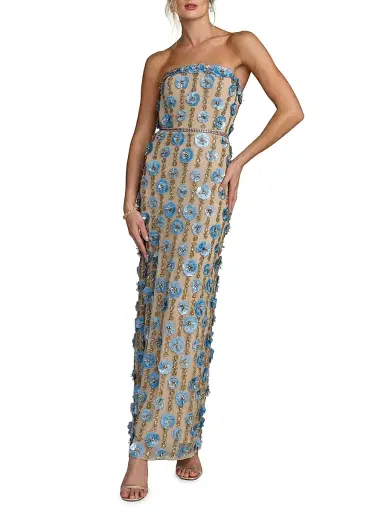 Mac Duggal Women's 3D Floral-Embellished Strapless Maxi Dress - Beige Blue - Size 0 | Thumbnail 1