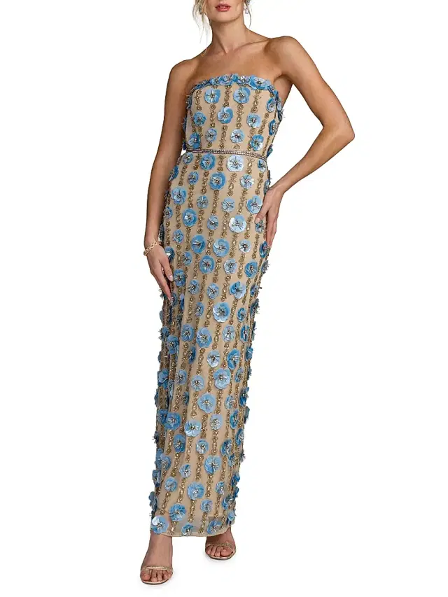 Mac Duggal Women's 3D Floral-Embellished Strapless Maxi Dress - Beige Blue