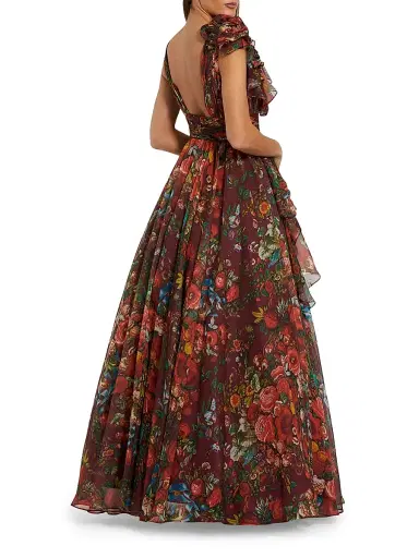 Mac Duggal Women's Floral Chiffon Ruffled V-Neck Gown - Wine Multi - Size 16 | Thumbnail 2 Mac Duggal Women's Floral Chiffon Ruffled V-Neck Gown - Wine Multi - Size 16 | Thumbnail 2