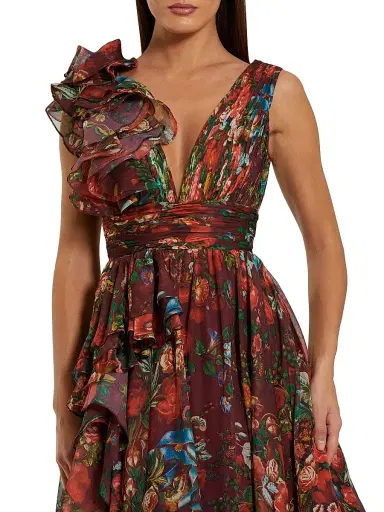 Mac Duggal Women's Floral Chiffon Ruffled V-Neck Gown - Wine Multi - Size 16 | Thumbnail 3 Mac Duggal Women's Floral Chiffon Ruffled V-Neck Gown - Wine Multi - Size 16 | Thumbnail 3