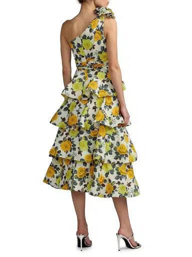 Mac Duggal Women's Tiered Floral Charmeuse One-Shoulder Midi-Dress - Yellow Rose - Size 14 | Thumbnail 2 Mac Duggal Women's Tiered Floral Charmeuse One-Shoulder Midi-Dress - Yellow Rose - Size 14 | Thumbnail 2