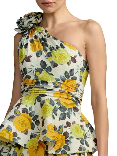 Mac Duggal Women's Tiered Floral Charmeuse One-Shoulder Midi-Dress - Yellow Rose - Size 14 | Thumbnail 3 Mac Duggal Women's Tiered Floral Charmeuse One-Shoulder Midi-Dress - Yellow Rose - Size 14 | Thumbnail 3