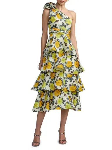 Mac Duggal Women's Tiered Floral Charmeuse One-Shoulder Midi-Dress - Yellow Rose - Size 14 | Thumbnail 1 Mac Duggal Women's Tiered Floral Charmeuse One-Shoulder Midi-Dress - Yellow Rose - Size 14 | Thumbnail 1