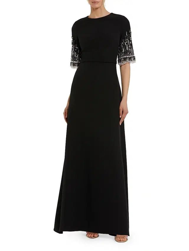 Mac Duggal Women's Crêpe Beaded-Sleeve A-Line Gown - Black