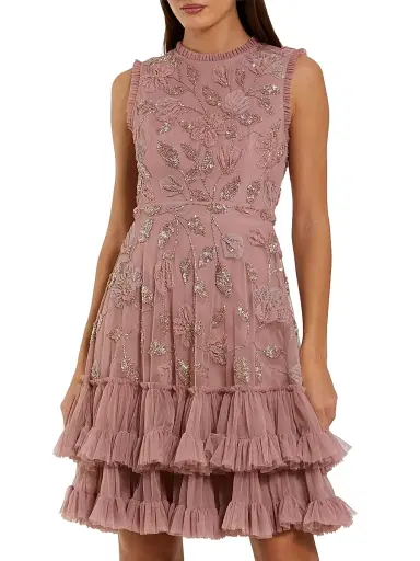 Mac Duggal Women's Ruffled Floral Embroidered Minidress - Antique Rose - Size 14 | Thumbnail 1