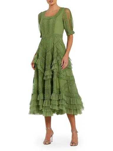 Mac Duggal Women's Mesh Ruffled Scoopneck Midi-Dress - Moss Green - Size 22 | Thumbnail 1 Mac Duggal Women's Mesh Ruffled Scoopneck Midi-Dress - Moss Green - Size 22 | Thumbnail 1
