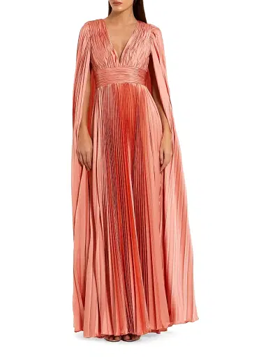 Mac Duggal Women's Metallic Pleated Charmeuse Cape Gown - Peach - Size 16 | Thumbnail 1 Mac Duggal Women's Metallic Pleated Charmeuse Cape Gown - Peach - Size 16 | Thumbnail 1