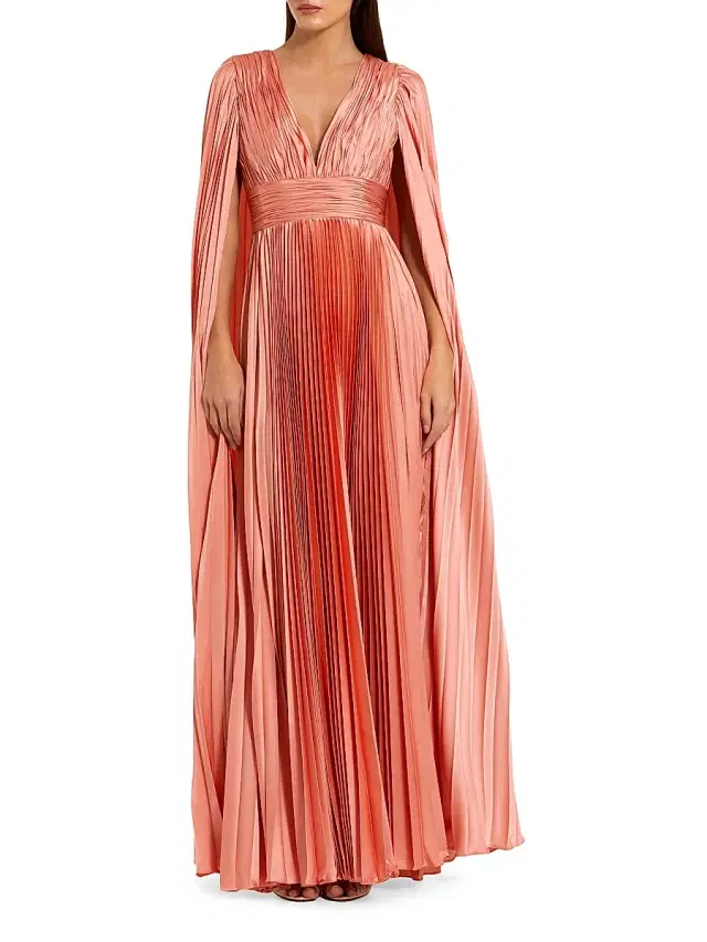 Mac Duggal Women's Metallic Pleated Charmeuse Cape Gown - Peach