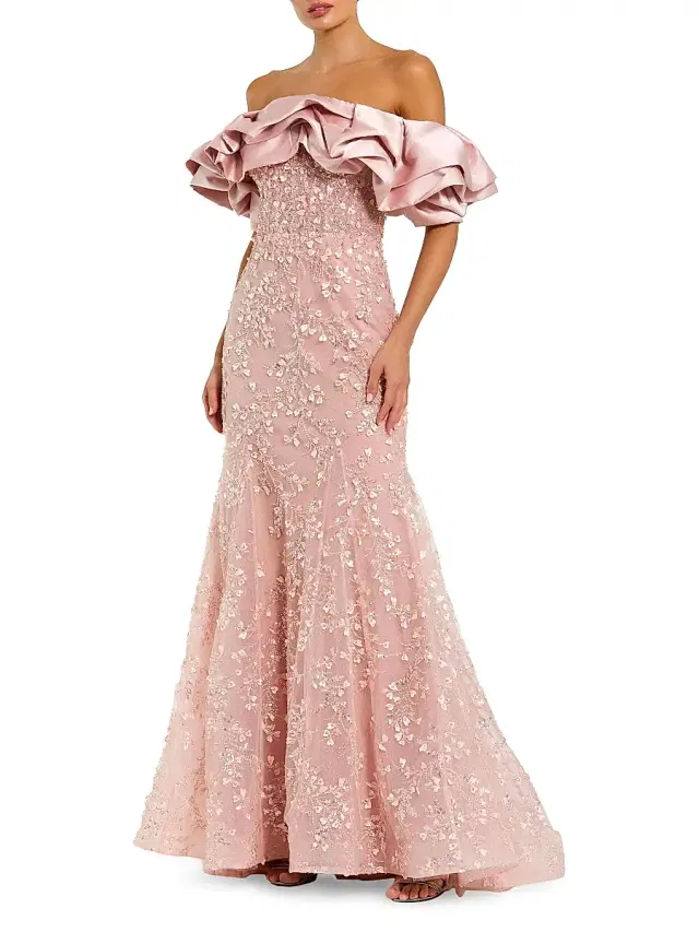Women's Evening Beaded Appliqué Off-The-Shoulder Mermaid Gown - Rose
