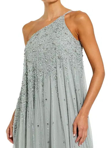 Mac Duggal Women's One-Shoulder Beaded Tulle Trapeze Gown - Sage - Size 16 | Thumbnail 3