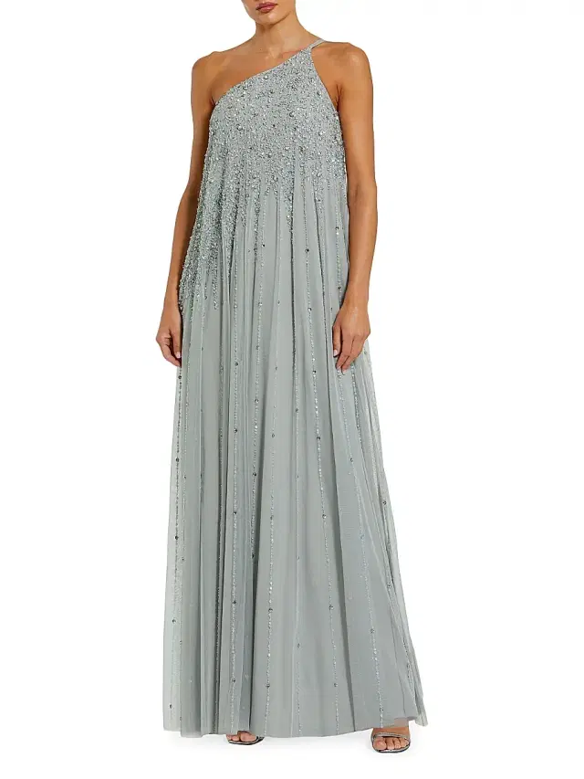 Mac Duggal Women's One-Shoulder Beaded Tulle Trapeze Gown - Sage