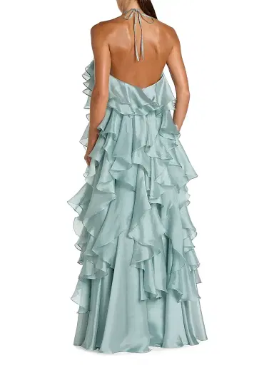 Mac Duggal Women's Rosette Organza Trapeze Ruffle Halter Gown - Mint - Size Large | Thumbnail 2