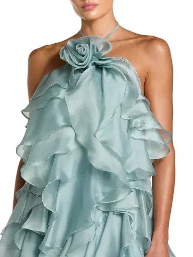 Mac Duggal Women's Rosette Organza Trapeze Ruffle Halter Gown - Mint - Size Large | Thumbnail 3