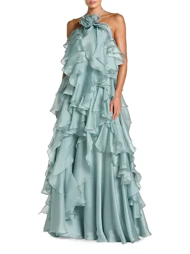 Mac Duggal Women's Rosette Organza Trapeze Ruffle Halter Gown - Mint - Size Large | Thumbnail 1