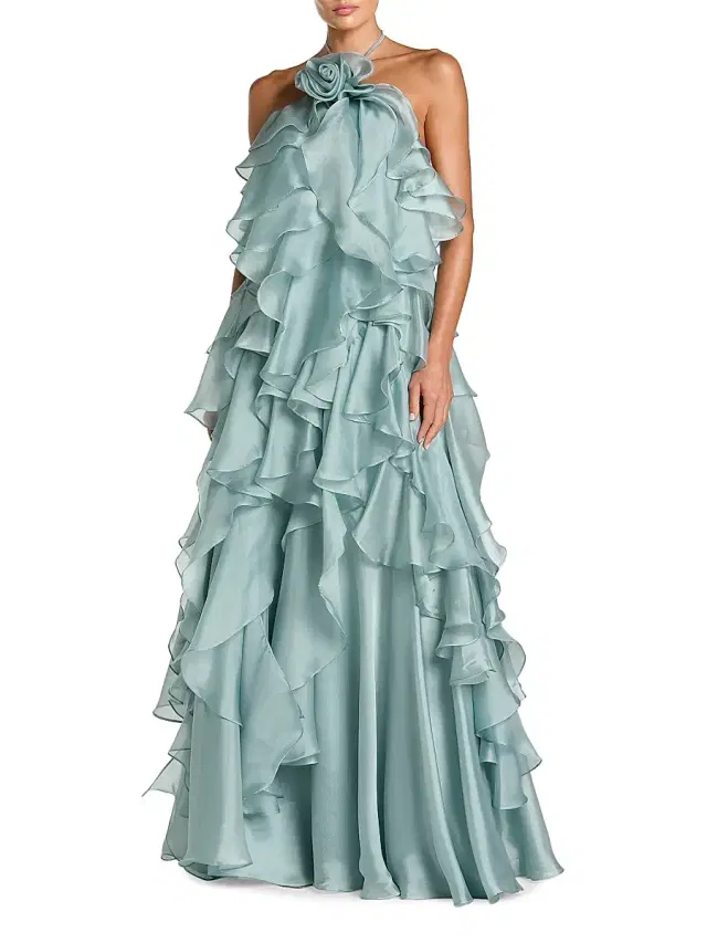 Women's Rosette Organza Trapeze Ruffle Halter Gown - Mint