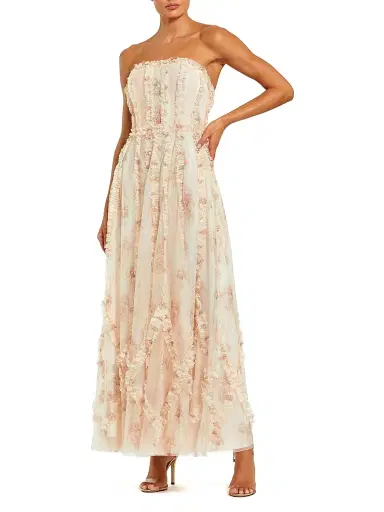 Mac Duggal Women's Floral Mesh Ruffled Strapless Gown | Thumbnail 1 Mac Duggal Women's Floral Mesh Ruffled Strapless Gown | Thumbnail 1