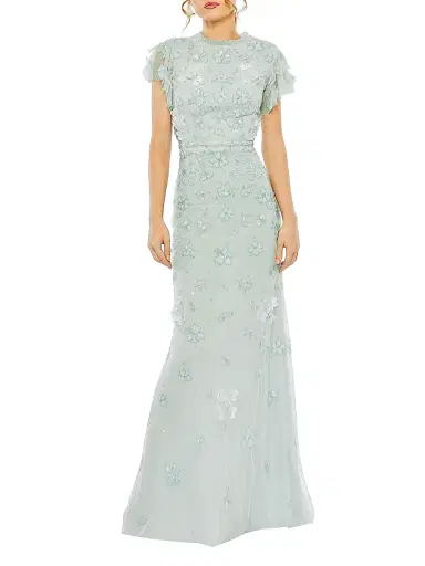 Mac Duggal Women's High Neck Flutter-Sleeve Floral Embellished Gown - Periwinkle - Size 2 | Thumbnail 1 Mac Duggal Women's High Neck Flutter-Sleeve Floral Embellished Gown - Periwinkle - Size 2 | Thumbnail 1