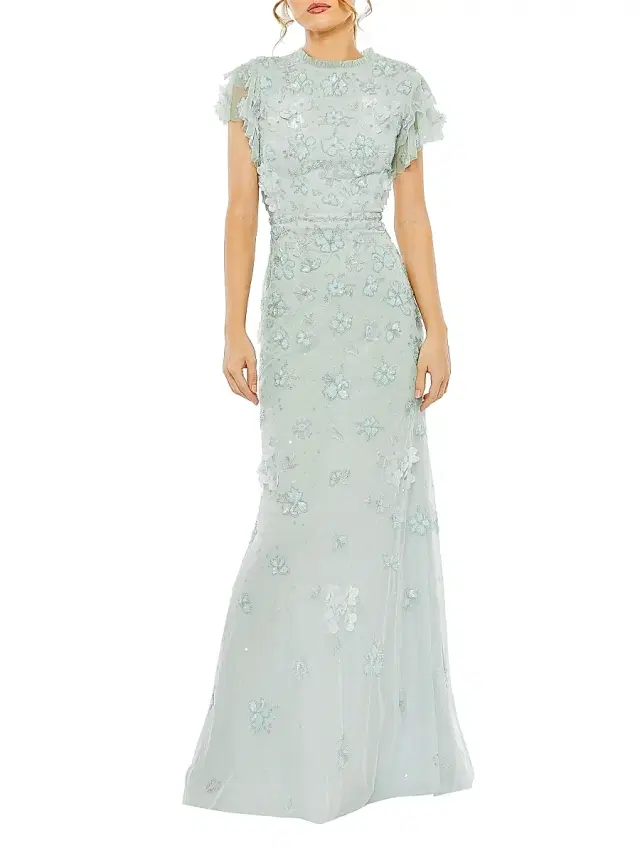 Mac Duggal Women's High Neck Flutter-Sleeve Floral Embellished Gown - Periwinkle