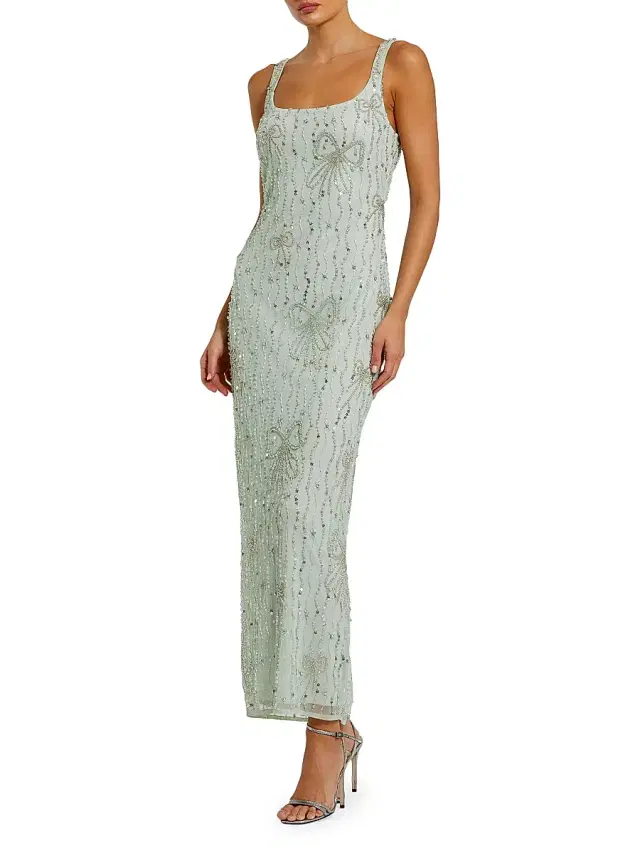 Mac Duggal Women's Cocktail Beaded Mesh Scoopneck Gown - Seafoam