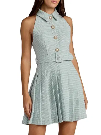 Mac Duggal Women's Bouclé Pleated Button-Front Minidress | Thumbnail 1 Mac Duggal Women's Bouclé Pleated Button-Front Minidress | Thumbnail 1