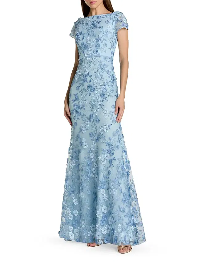 Women's Beaded & Embroidered Lace Gown - Powder Blue