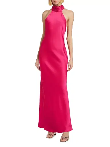 Ramy Brook Women's Tatiana High-Neck Satin Gown - Hot Pink - Size 16 | Thumbnail 3