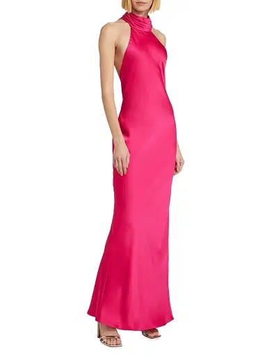 Ramy Brook Women's Tatiana High-Neck Satin Gown - Hot Pink - Size 16 | Thumbnail 4