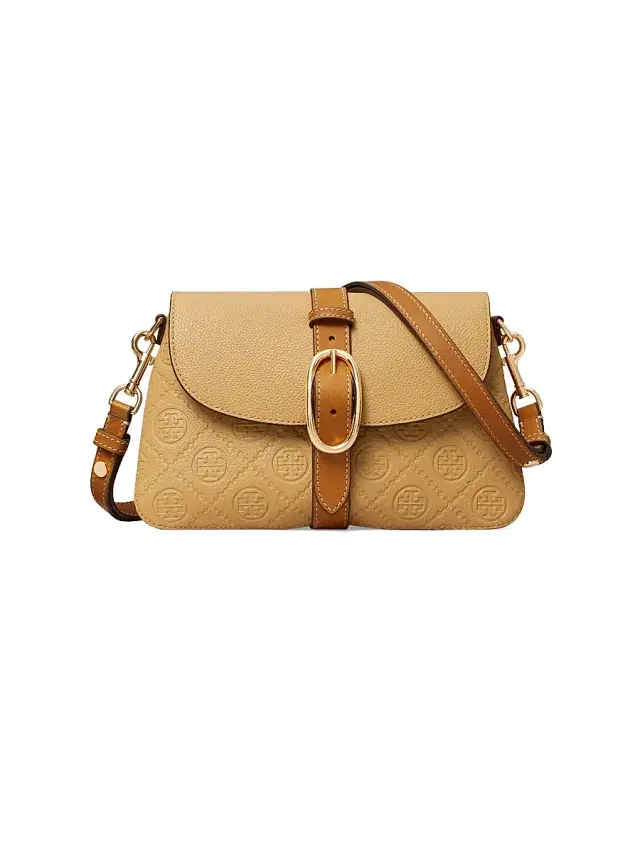 Tory Burch Women's T Monogram Pebbled Leather Shoulder Bag - Biscotti
