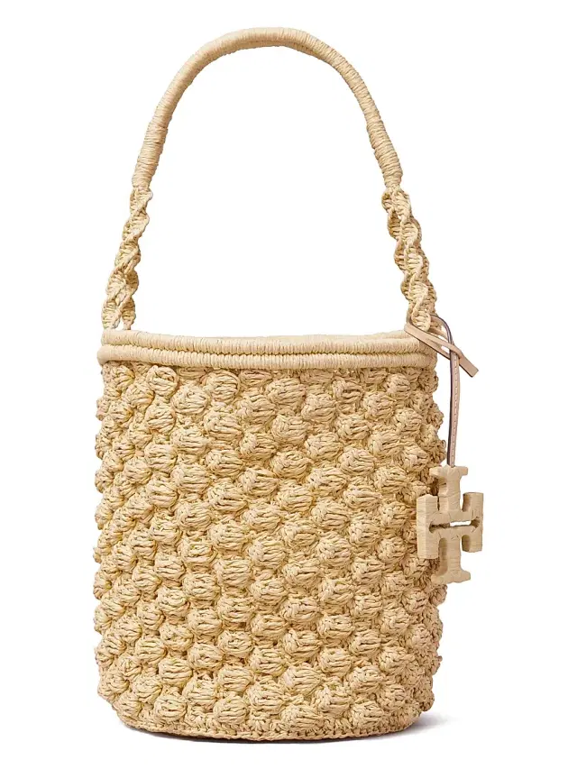 Tory Burch Women's Ella Hand-Crocheted Popcorn-Stitch Raffia Bucket Bag - Natural