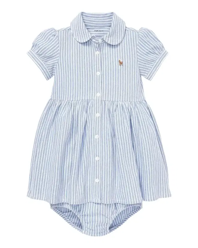Yarn-Dyed Oxford Mesh Stripe Dress w/ Matching Bloomers, Size 3M-24M