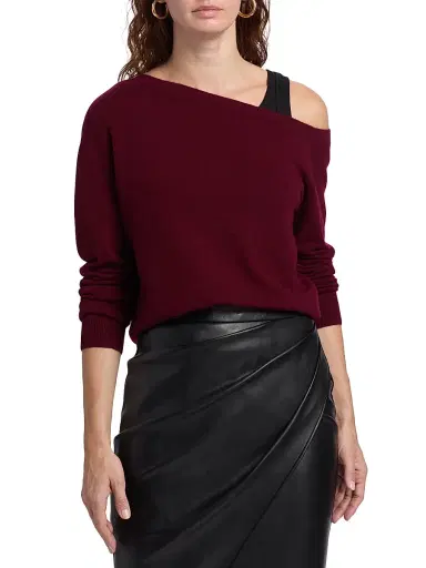 Saks Fifth Avenue Women's One-Shoulder Cashmere Sweater - Dark Cherry | Thumbnail 3