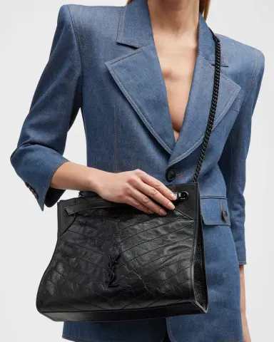 Saint Laurent Niki Medium YSL Shopper Tote Bag in Crinkled Leather | Thumbnail 2