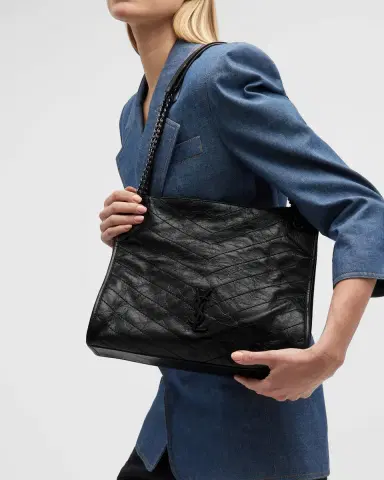 Saint Laurent Niki Medium YSL Shopper Tote Bag in Crinkled Leather | Thumbnail 4