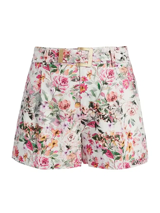 Generation Love Women's Glenn Floral Linen-Blend Belted Tailored Shorts - Zesty Floral White Pink