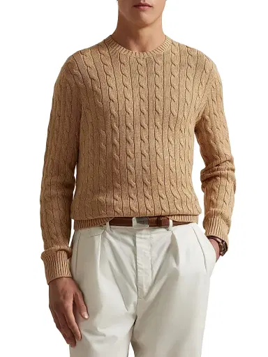 Polo Ralph Lauren Men's Cable-Knit Cotton Crewneck Sweater - Camel Melange - Size XXL | Thumbnail 3 Polo Ralph Lauren Men's Cable-Knit Cotton Crewneck Sweater - Camel Melange - Size XXL | Thumbnail 3
