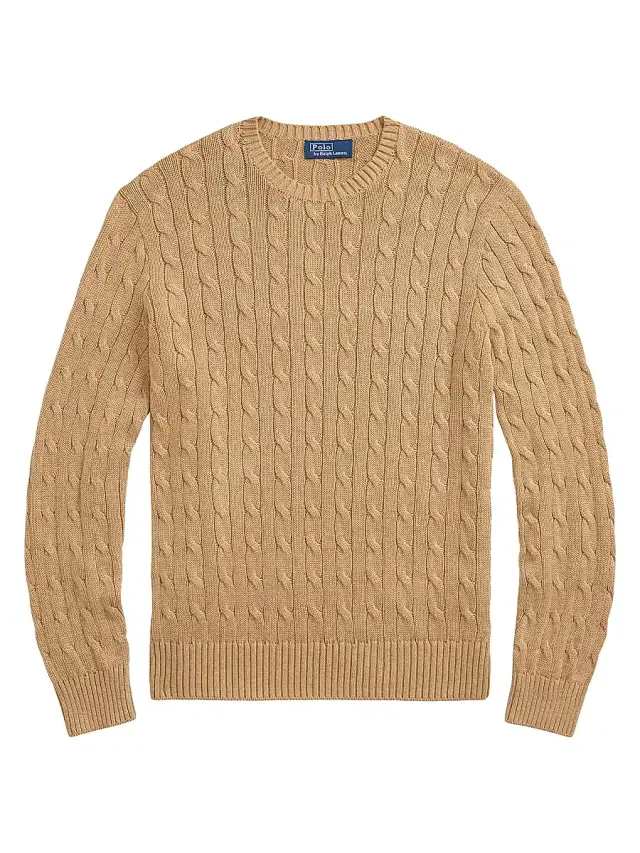 Polo Ralph Lauren Men's Cable-Knit Cotton Crewneck Sweater - Camel Melange - Size XXL