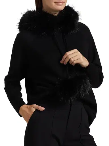 Alice + Olivia Women's Oscar Faux Fur-Trimmed Knit Hoodie - Black - Size Small | Thumbnail 6