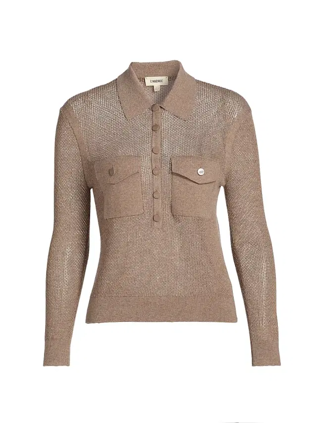 L'AGENCE Women's Carine Pointelle-Knit Collared Sweater - Mushroom